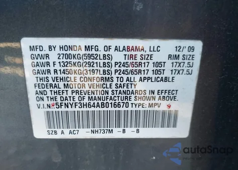 2010 Honda Pilot Ex-L z USA, uszkodzony, nr VIN 5FNYF3H64AB016670